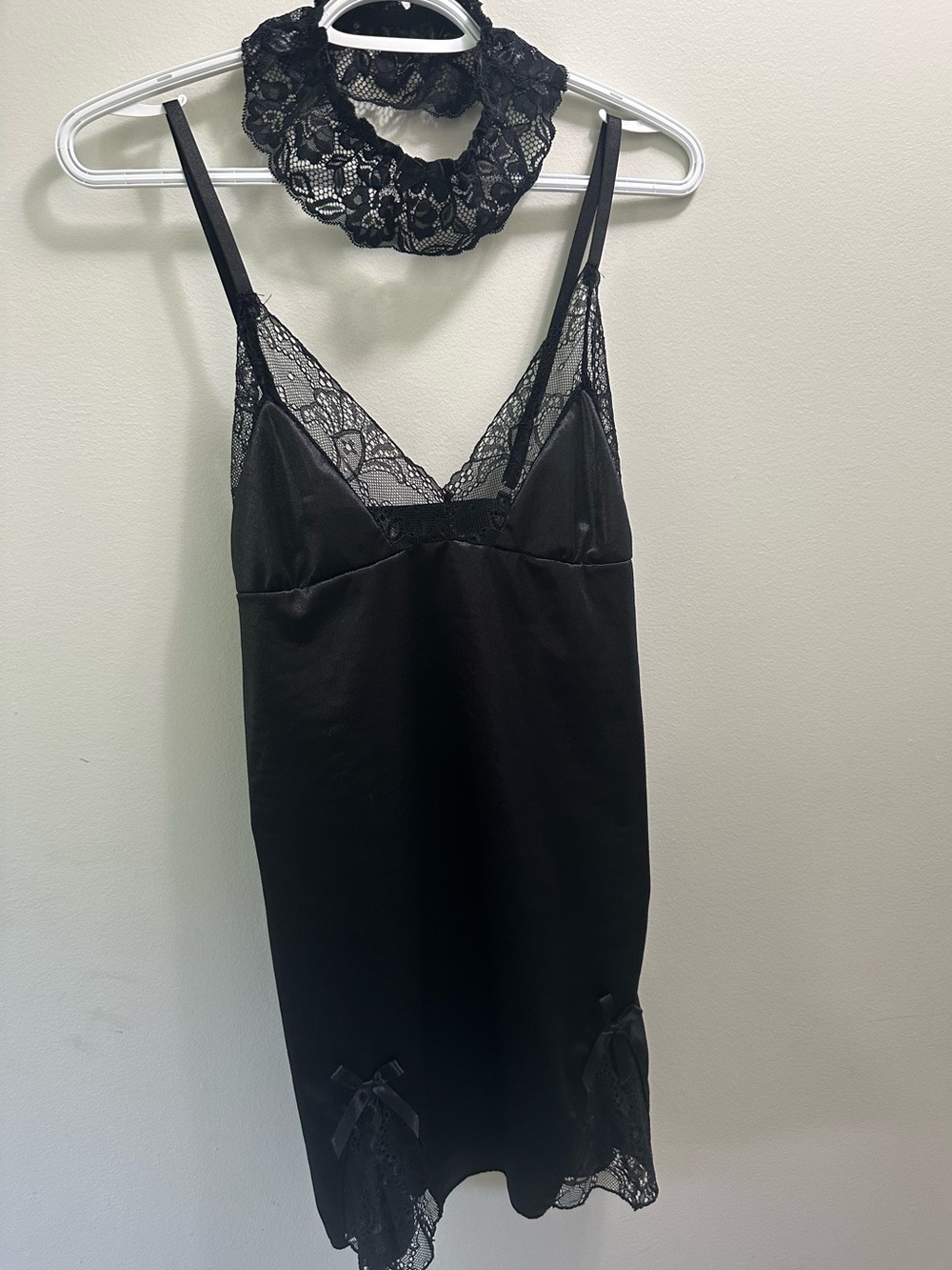 SHEIN Black Satin with Lace Babydoll Chemise Slip Dress with Black Lace Garter